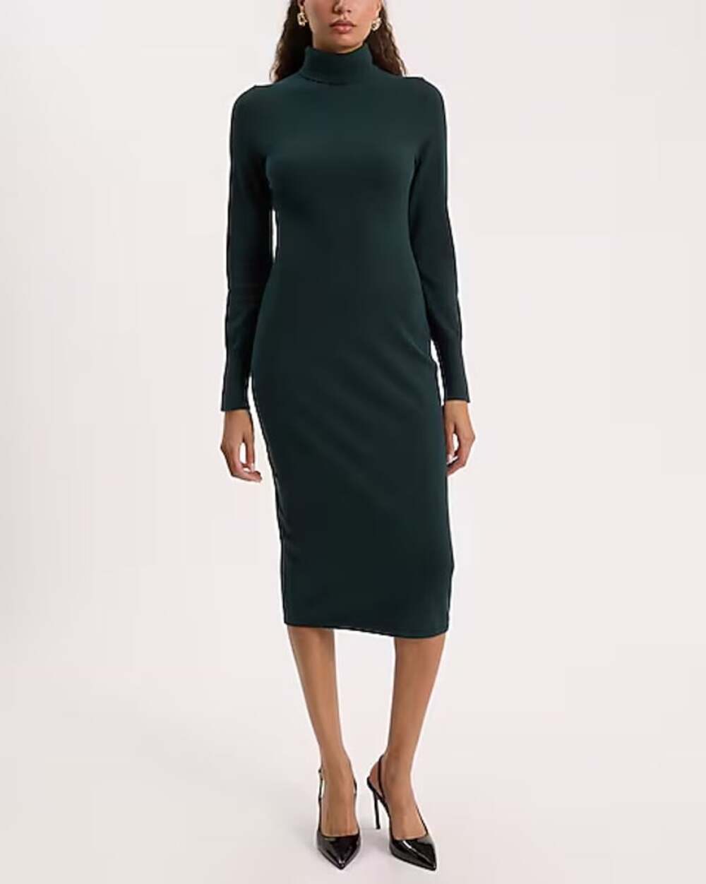 Express Ribbed Turtleneck Midi Sweater Dress Forest Green Small